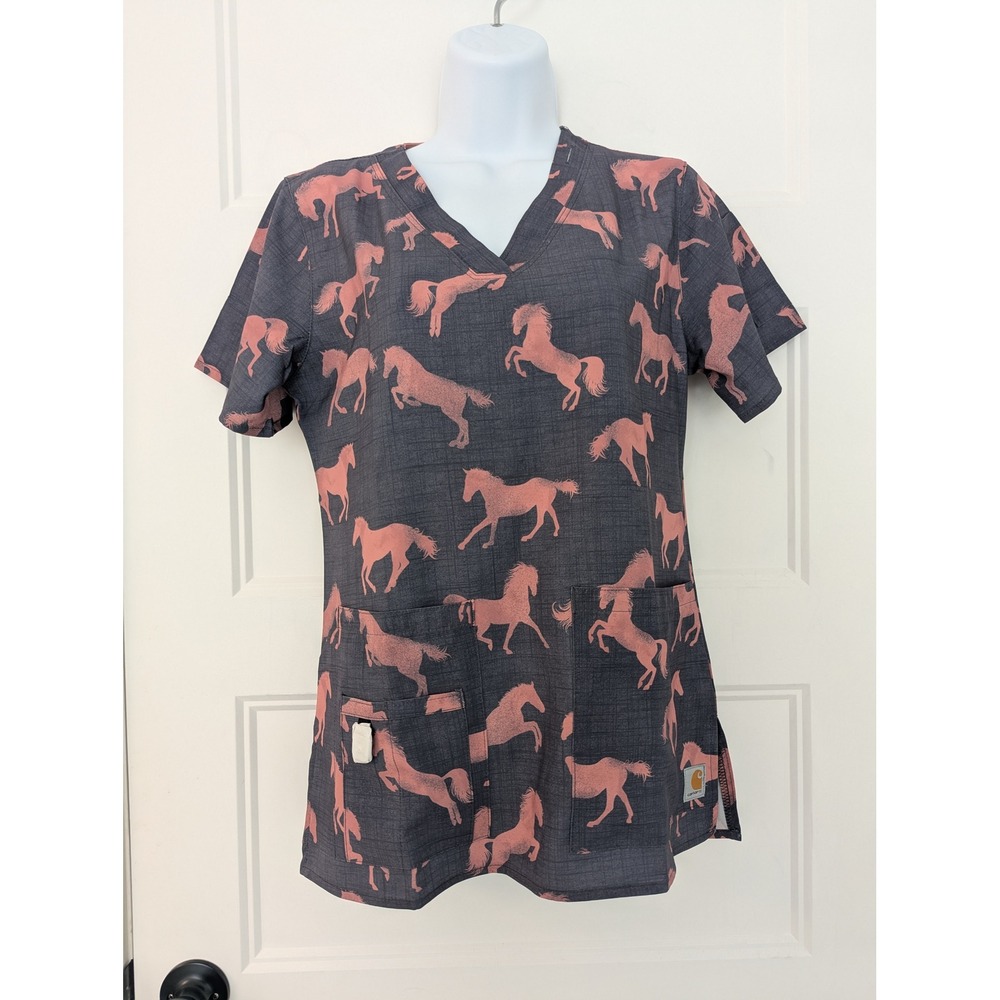 Carhartt Liberty Scrub Top Womens XS Modern Fit Pink Horse Print Grey V-Neck